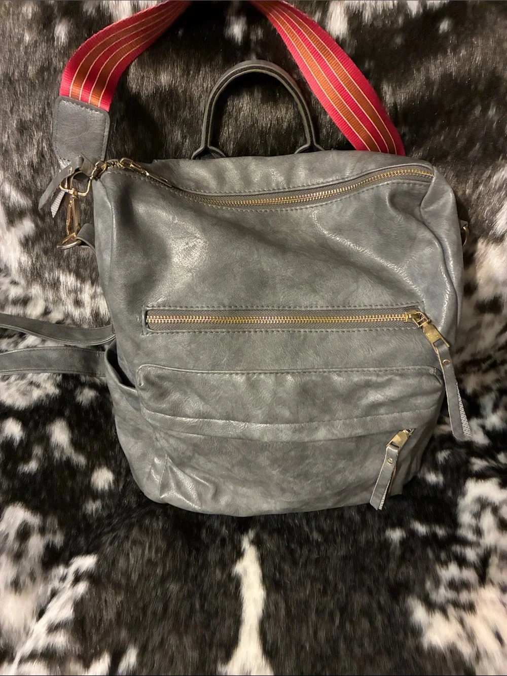Women's Gray Backpack Tote with Colorful Strap